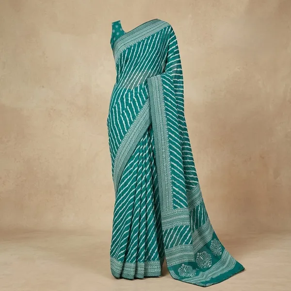 Turquoise_Blue_Dull_Moss_Leheriya_Print_Silver_Border_Saree_For_Women