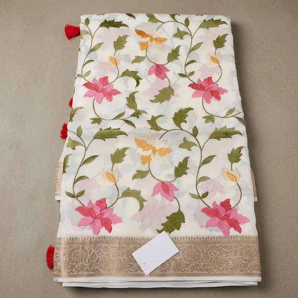 White_Tussar_Silk_Lucknowi_Floral_Embroidered_Saree_For_Women