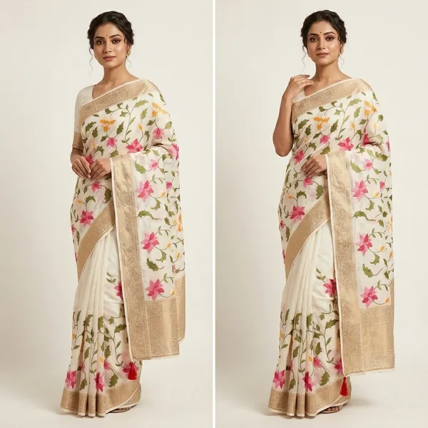 White_Tussar_Silk_Lucknowi_Floral_Embroidered_Saree_For_Women