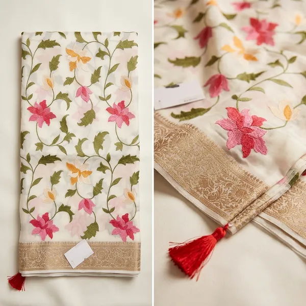 White_Tussar_Silk_Lucknowi_Floral_Embroidered_Saree_For_Women