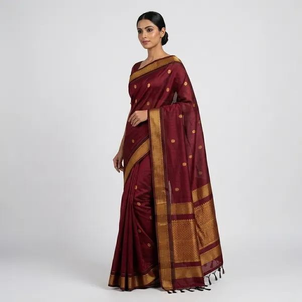 Maroon_Gadwal_Cotton_Silk_Golden_Zari_Border_Saree_For_Women