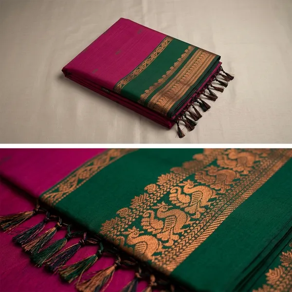 Magenta_And_Yellow_Kalyani_Cotton_Silk_Fabric_Sequin_Border_Embroidered_Blouse_Saree_For_Women_Pack_Of_2