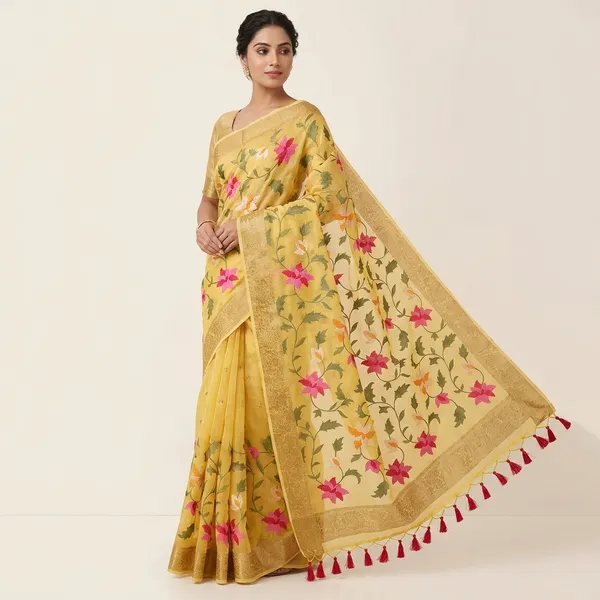 Yellow_Tussar_Silk_Lucknowi_Floral_Embroidered_Zari_Border_Saree_For_Women