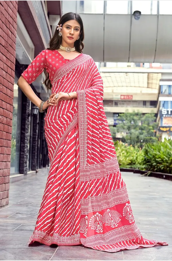 Pink_Dull_Moss_Leheriya_Print_Zari_Border_Saree_For_Women