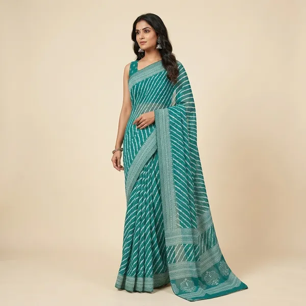 Turquoise_Blue_Dull_Moss_Leheriya_Print_Silver_Border_Saree_For_Women