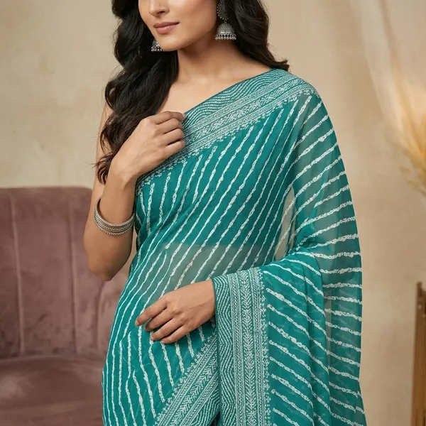Turquoise_Blue_Dull_Moss_Leheriya_Print_Silver_Border_Saree_For_Women