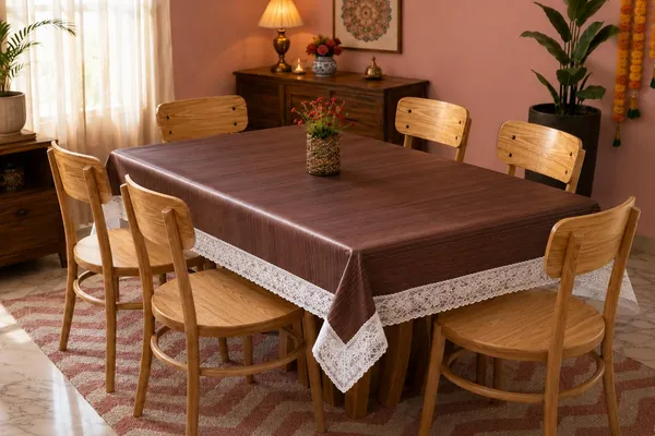 Agroha_6-Seater_Waterproof_PVC_Table_Cover_|_Rich_Brown_Textured_Linen-Look_Design_with_White_Lace_Border_|_Wipe-Clean_Dining_Table_Cloth