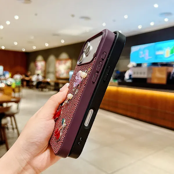 Beige_Tpu+Pc_Rhinestone_Cherry_Design_Mobile_Phone_Case