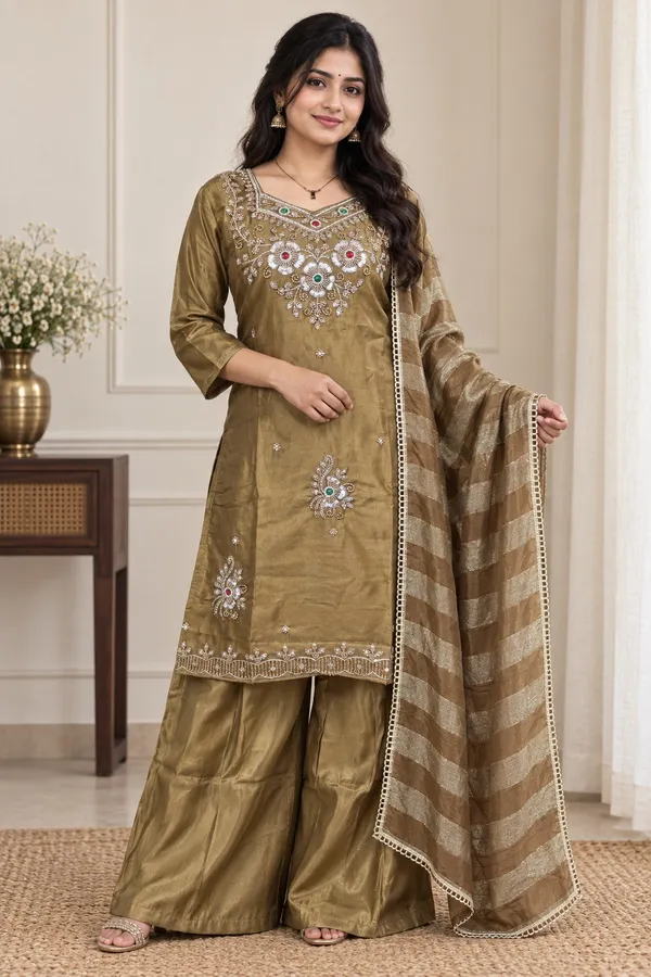 Exceptional_Brown_Designer_Glass_Silk_Top_Palazzo_Set_with_Cut_Dana_Zari_Dupatta