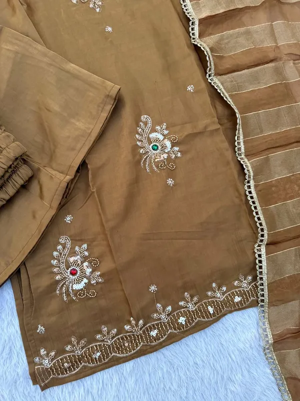 Exceptional_Brown_Designer_Glass_Silk_Top_Palazzo_Set_with_Cut_Dana_Zari_Dupatta