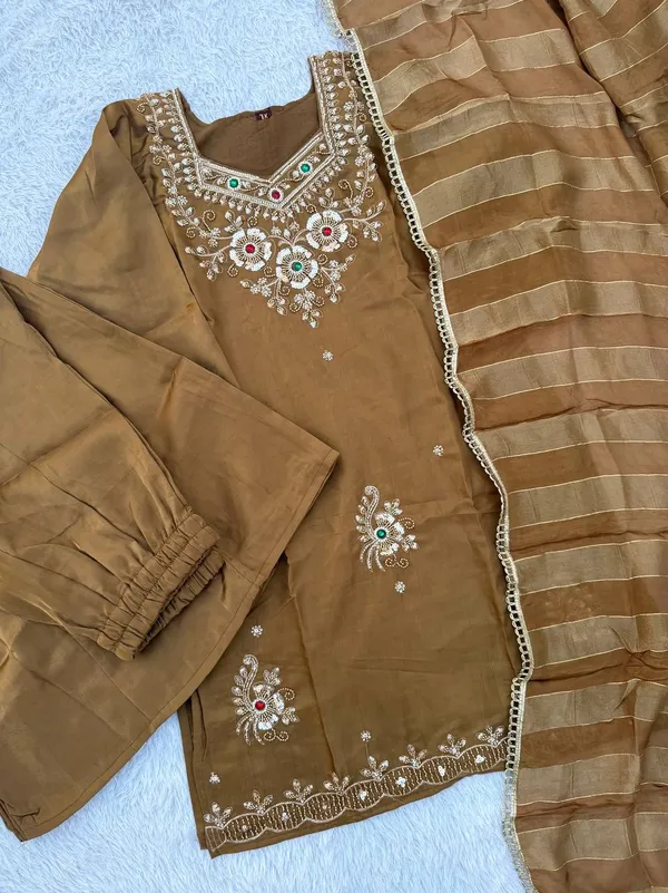 Exceptional_Brown_Designer_Glass_Silk_Top_Palazzo_Set_with_Cut_Dana_Zari_Dupatta