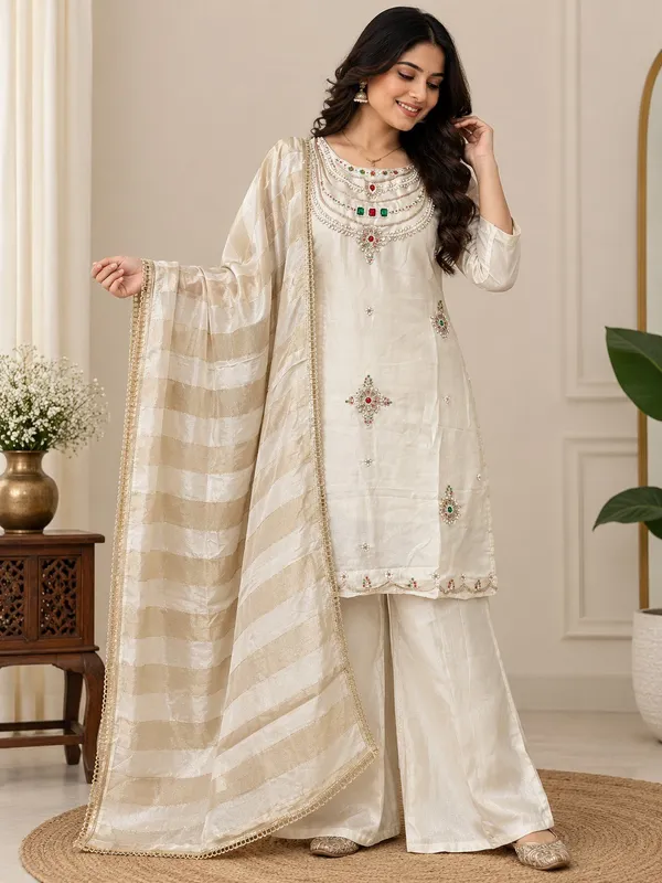 Inspiring_OffWhite_Glass_Silk_Palazzo_Suit_with_Pure_Viscose_Zari_Patta_Dupatta_For_Wedding