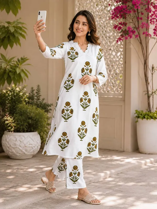 White_Digiral_Print_Rayon_Slub_Kurti_Set_From_Women_Ethnic