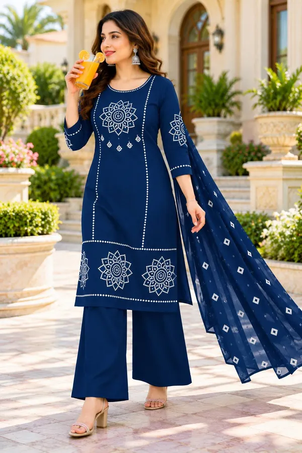Dhabu_cotton_With_Mirror_&Block_Printe_Work_Kurti_Set