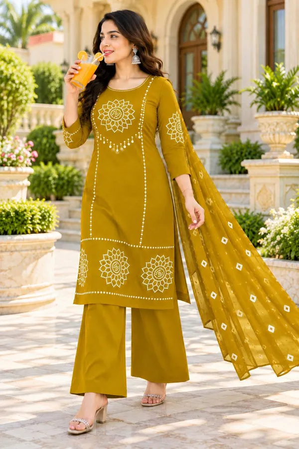 Dhabu_cotton_With_Mirror_&Block_Printe_Work_Kurti_Set