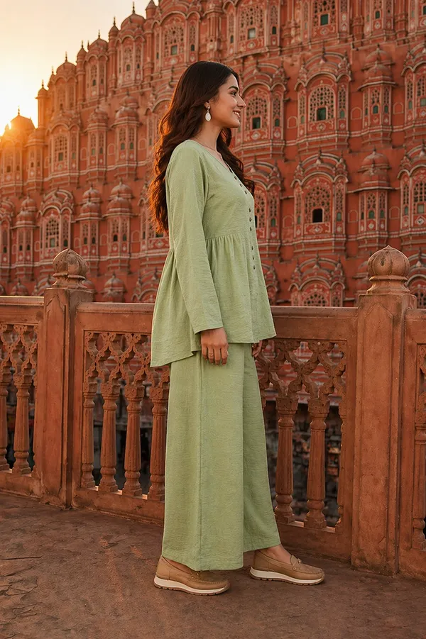 Green_Relaxed_Fit_Co-Ord_Set_|_Solid_Kurta_Top_&_Wide_Leg_Pant_Set_For_Casual_&_Travel_Wear