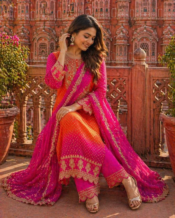 Priyankit_Women_Pink_&_Orange_Ombre_Embroidered_Kurta_Set_With_Dupatta_|_Festive_Ethnic_Suit_Set_For_Women