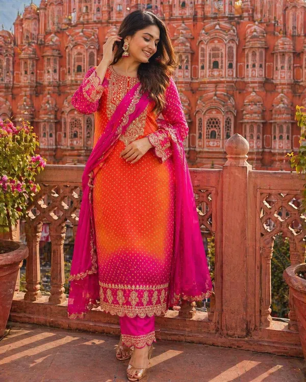 Priyankit_Women_Pink_&_Orange_Ombre_Embroidered_Kurta_Set_With_Dupatta_|_Festive_Ethnic_Suit_Set_For_Women