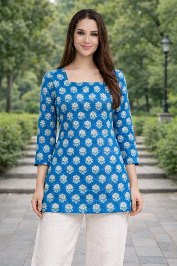 Blue_Printed_Straight_Kurti_|_Cotton_Ethnic_Top_For_Daily_&_Office_Wear
