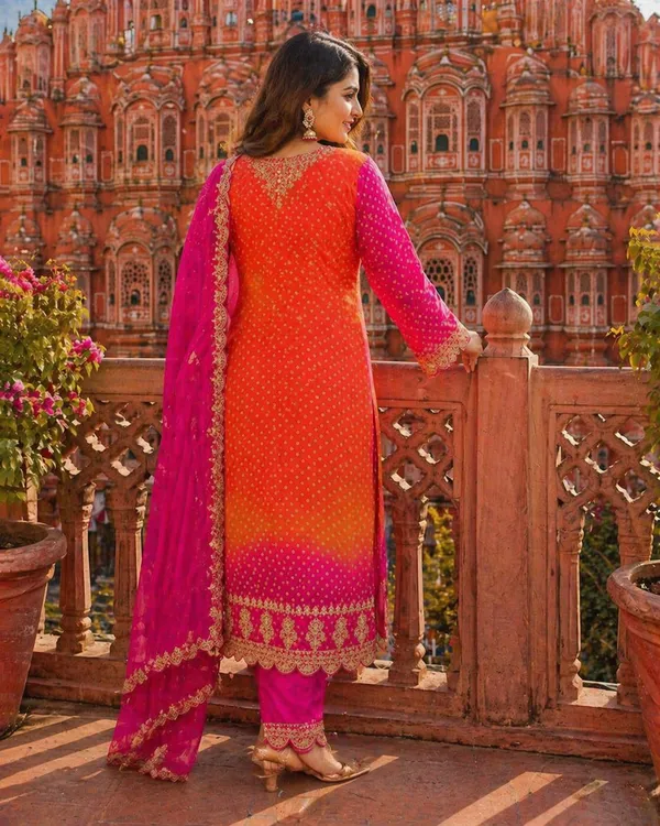 Priyankit_Women_Pink_&_Orange_Ombre_Embroidered_Kurta_Set_With_Dupatta_|_Festive_Ethnic_Suit_Set_For_Women