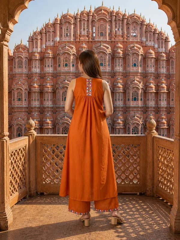 Rust_Orange_Embroidered_Kurta_Palazzo_Set_|_Sleeveless_Ethnic_Wear_For_Festive_&_Casual