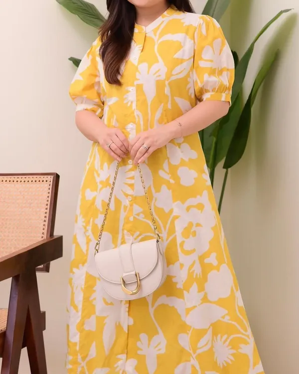 Yellow_Floral_Printed_A-Line_Midi_Kurta_Dress_|_Stylish_Ethnic_Fusion_Wear_For_Casual_&_Summer
