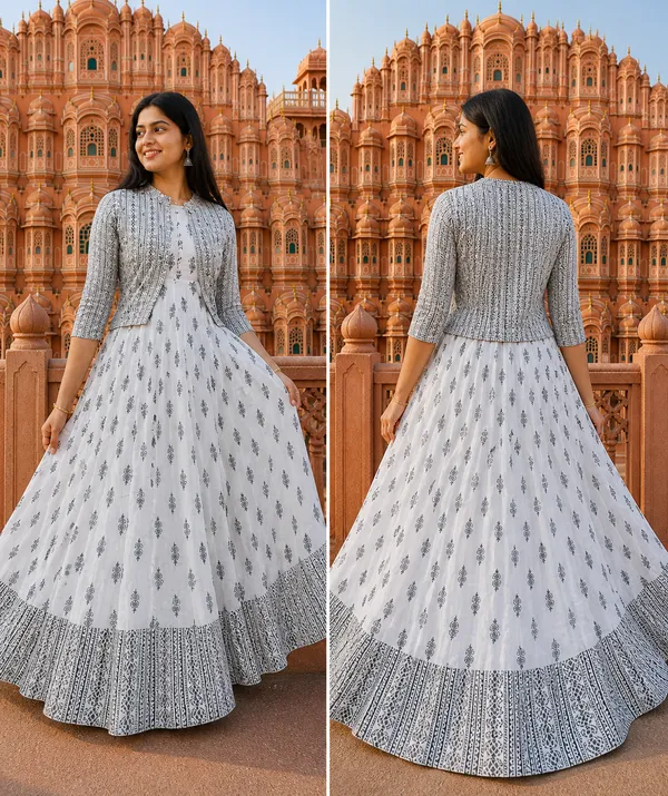 White_Grey_Anarkali_Gown_With_Golden_Print_&_Jacket_|_Designer_Ethnic_Wear_For_Wedding_&_Festive