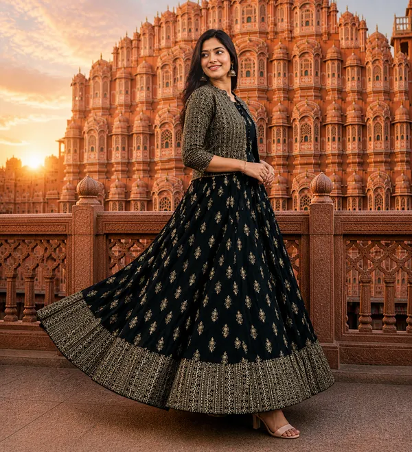 Black_Anarkali_Gown_With_Golden_Print_&_Jacket_|_Designer_Ethnic_Wear_For_Wedding_&_Festive