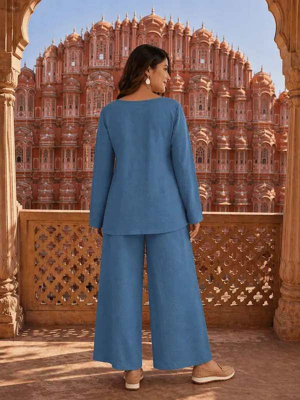 Blue_Relaxed_Fit_Co-Ord_Set_|_Solid_Kurta_Top_&_Wide_Leg_Pant_Set_For_Casual_&_Travel_Wear