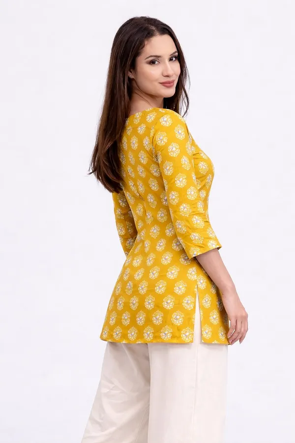 Yellow_Printed_Straight_Kurti_|_Cotton_Ethnic_Top_For_Daily_&_Office_Wear