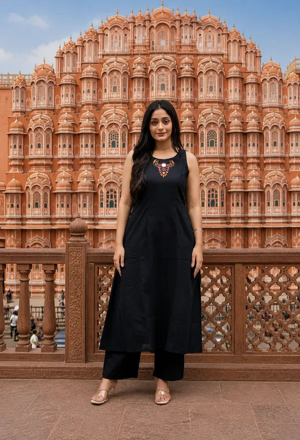 Black_Sleeveless_A-Line_Kurta_Pant_Set_|_Minimal_Ethnic_Wear_For_Office_&_Casual