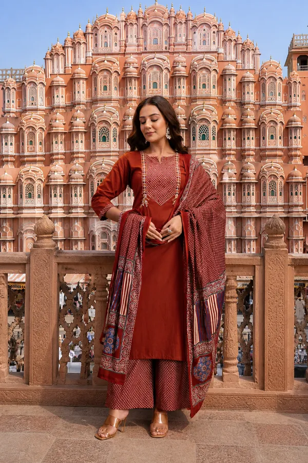 Red_Women_Rust_Embroidered_Kurta_Pant_Set_With_Designer_Dupatta_|_Festive_&_Wedding_Ethnic_Suit_Set