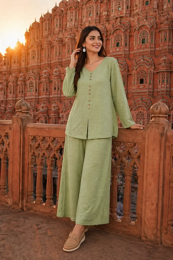 Green_Relaxed_Fit_Co-Ord_Set_|_Solid_Kurta_Top_&_Wide_Leg_Pant_Set_For_Casual_&_Travel_Wear