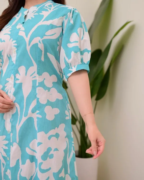 Blue_Floral_Printed_A-Line_Midi_Kurta_Dress_|_Stylish_Ethnic_Fusion_Wear_For_Casual_&_Summer