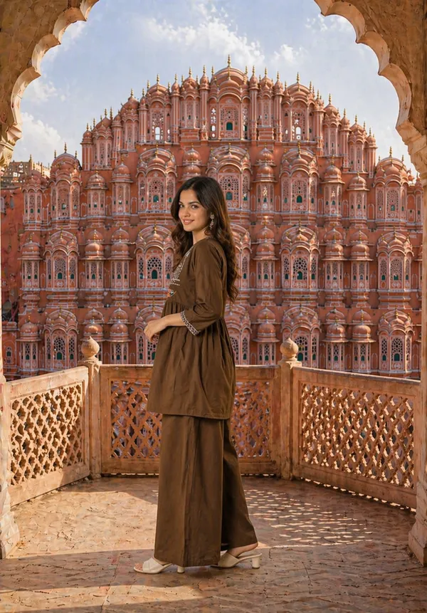 Priyankit_Women_Brown_Embroidered_Kurta_With_Palazzo_Set_|_Ethnic_Fusion_Co-Ord_For_Festive_&_Casual_Wear