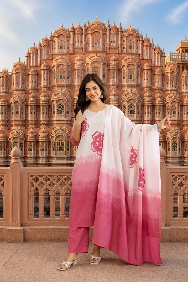 White_&_Pink_Ombre_Floral_Kurta_Pant_Set_With_Dupatta_|_Elegant_Festive_&_Casual_Ethnic_Suit