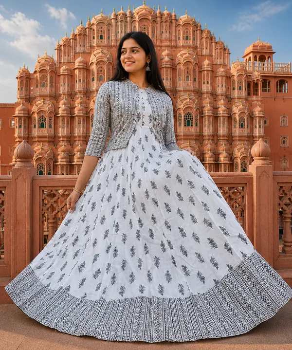 White_Grey_Anarkali_Gown_With_Golden_Print_&_Jacket_|_Designer_Ethnic_Wear_For_Wedding_&_Festive
