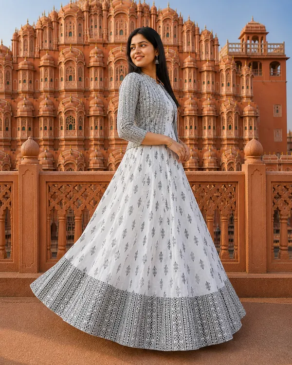 White_Grey_Anarkali_Gown_With_Golden_Print_&_Jacket_|_Designer_Ethnic_Wear_For_Wedding_&_Festive