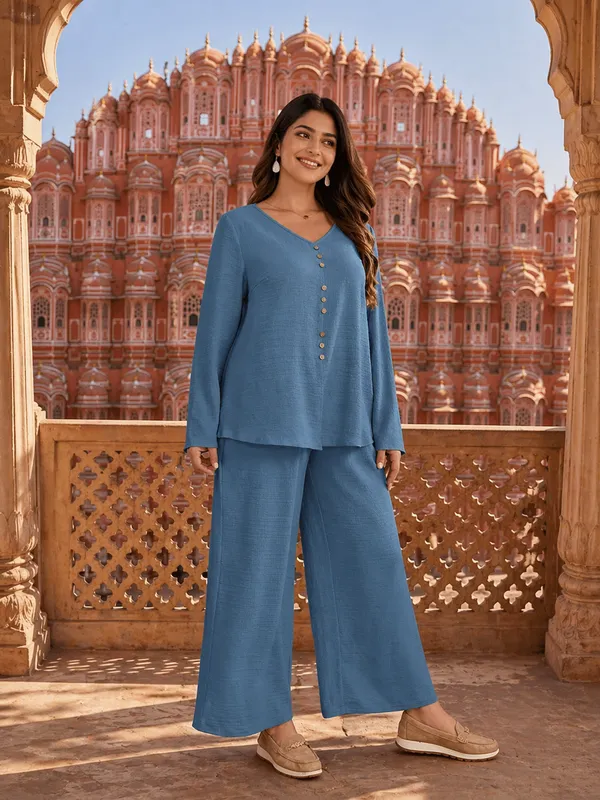 Blue_Relaxed_Fit_Co-Ord_Set_|_Solid_Kurta_Top_&_Wide_Leg_Pant_Set_For_Casual_&_Travel_Wear
