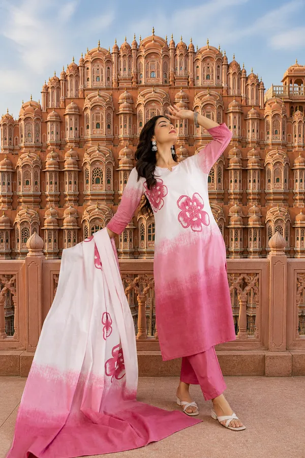 White_&_Pink_Ombre_Floral_Kurta_Pant_Set_With_Dupatta_|_Elegant_Festive_&_Casual_Ethnic_Suit