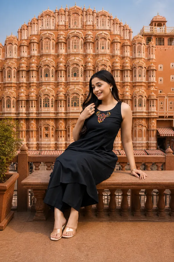 Black_Sleeveless_A-Line_Kurta_Pant_Set_|_Minimal_Ethnic_Wear_For_Office_&_Casual