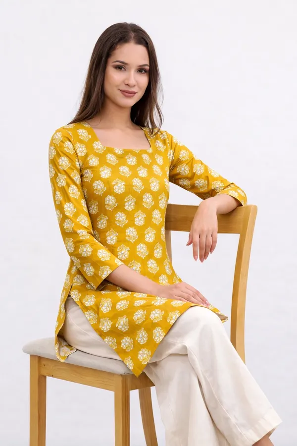 Yellow_Printed_Straight_Kurti_|_Cotton_Ethnic_Top_For_Daily_&_Office_Wear