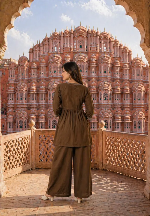Priyankit_Women_Brown_Embroidered_Kurta_With_Palazzo_Set_|_Ethnic_Fusion_Co-Ord_For_Festive_&_Casual_Wear