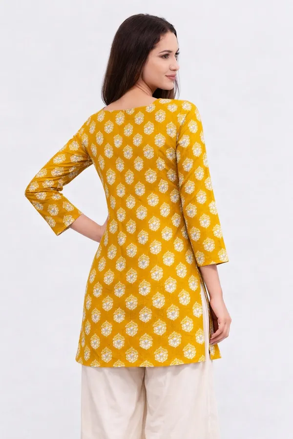 Yellow_Printed_Straight_Kurti_|_Cotton_Ethnic_Top_For_Daily_&_Office_Wear
