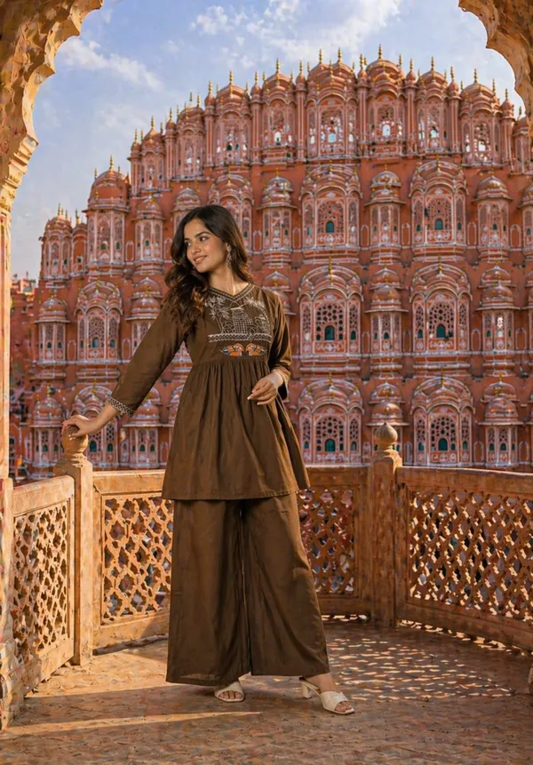 Priyankit_Women_Brown_Embroidered_Kurta_With_Palazzo_Set_|_Ethnic_Fusion_Co-Ord_For_Festive_&_Casual_Wear