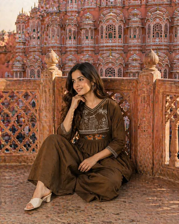 Priyankit_Women_Brown_Embroidered_Kurta_With_Palazzo_Set_|_Ethnic_Fusion_Co-Ord_For_Festive_&_Casual_Wear
