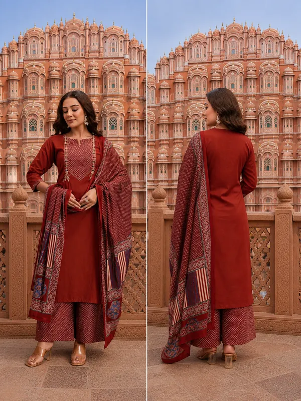 Red_Women_Rust_Embroidered_Kurta_Pant_Set_With_Designer_Dupatta_|_Festive_&_Wedding_Ethnic_Suit_Set