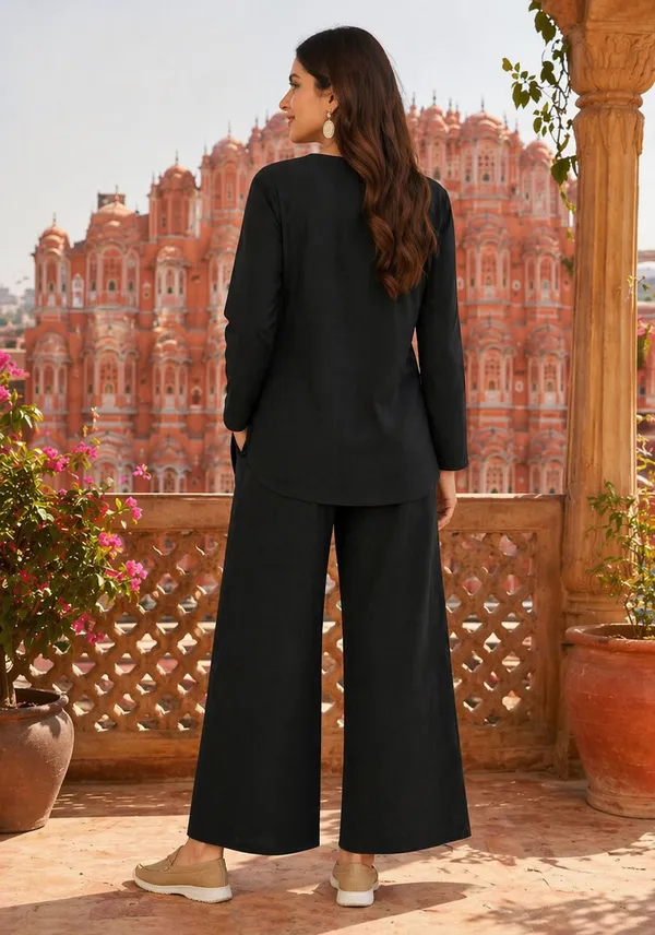 Priyankit_Women_Black_Relaxed_Fit_Co-Ord_Set_|_Solid_Kurta_Top_&_Wide_Leg_Pant_Set_For_Casual_&_Travel_Wear