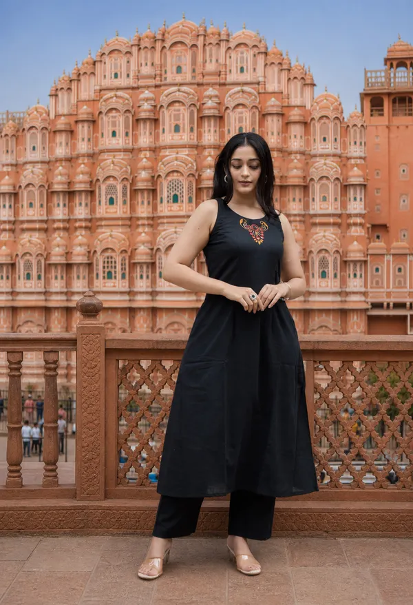 Black_Sleeveless_A-Line_Kurta_Pant_Set_|_Minimal_Ethnic_Wear_For_Office_&_Casual