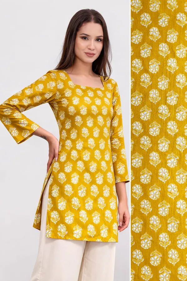 Yellow_Printed_Straight_Kurti_|_Cotton_Ethnic_Top_For_Daily_&_Office_Wear